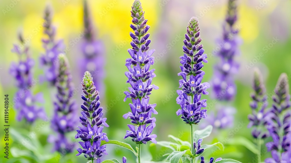 Fototapeta premium Vibrant Purple Flowers Growing in a Lush Green Landscape