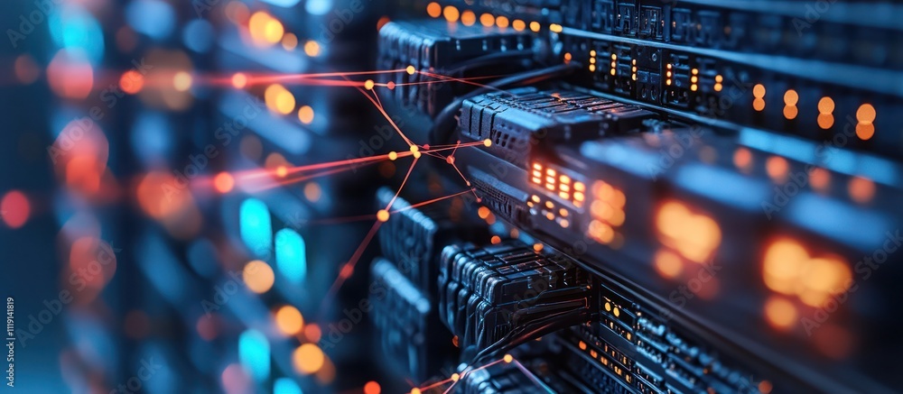 Close up of server rack with glowing lights and connecting lines. Close up of server rack with glowing lights and connecting lines.