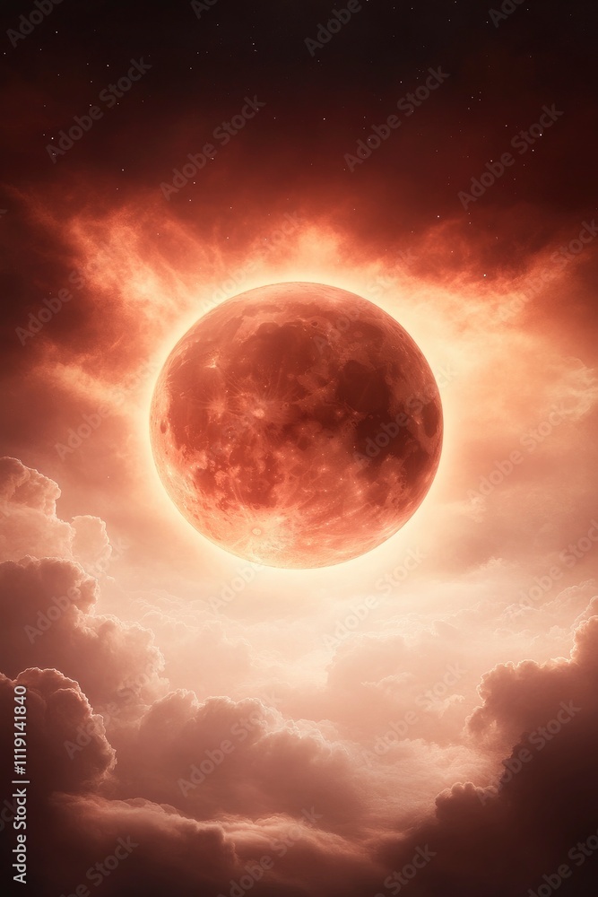 glowing red moon in the sky with clouds in red color hue glowing red moon in the sky with clouds in red color hue