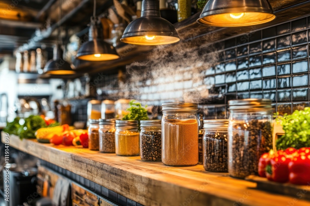 A rustic kitchen shelf displaying various spices and fresh ingredients. A rustic kitchen shelf displaying various spices and fresh ingredients.