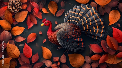 happy thanksgiving banner design with typography, turkey bird and abstract leaves background photo