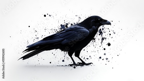 Black raven silhouette with paint splatters isolated on white background
