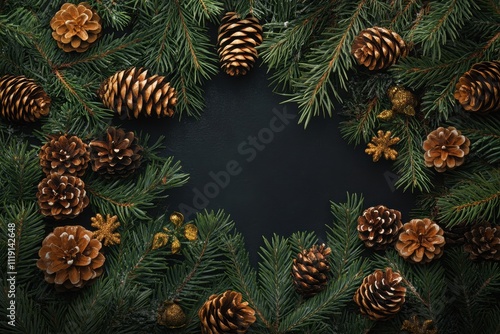 Pine branches, pine cones, gold accents form a festive frame. Ideal for holiday cards, winter backgrounds, or Christmas promotions. photo