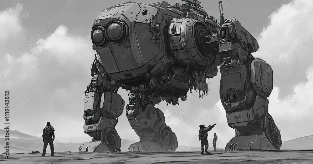 Imposing Mechanical Walker Observed By Soldiers In A Desolate Landscape Imposing Mechanical Walker Observed By Soldiers In A Desolate Landscape