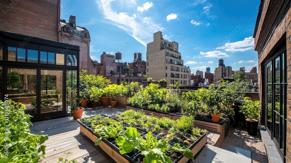 Fototapeta premium Urban Rooftop Garden with Lush Vegetation and Bright Sky