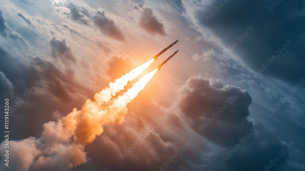 Military rockets are flying against the sky, smoke and fire from the rocket. Concept: missile attack, air alert, war between Russia and Ukraine, missile strike, shelling. Military rockets are flying against the sky, smoke and fire from the rocket. Concept: missile attack, air alert, war between Russia and Ukraine, missile strike, shelling.