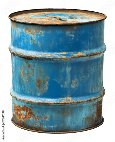 Rusty blue industrial barrel isolated photo