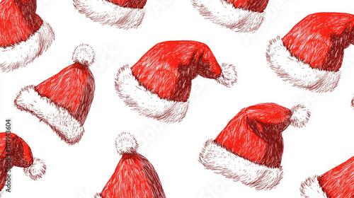 Set of red Christmas Santa Claus hats isolated on white background. Hand drawn simple Santa hats.