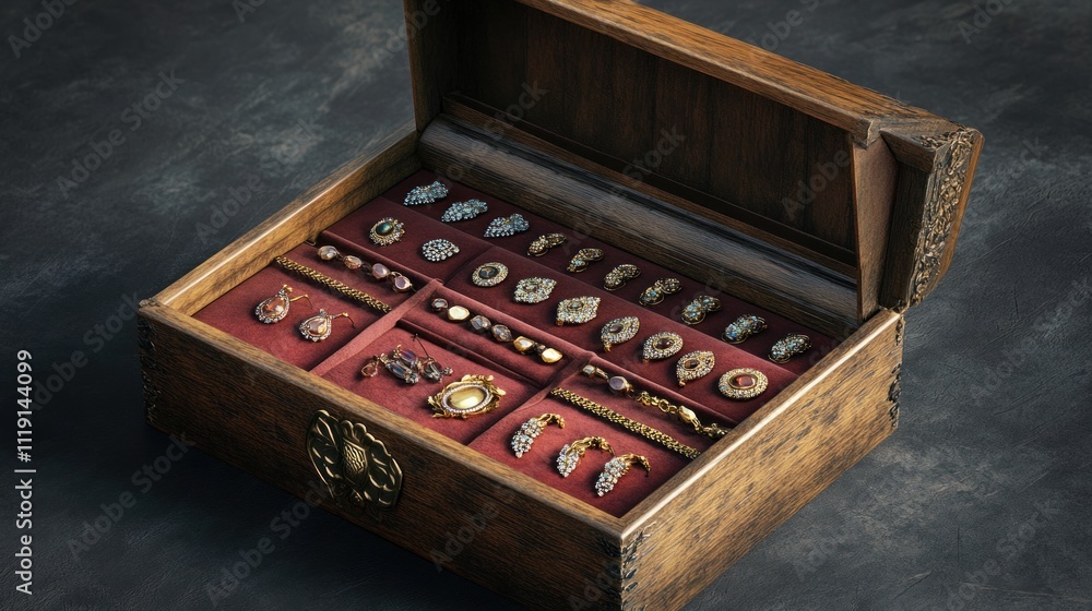 A wooden box containing jewelry opened--S 250. A wooden box containing jewelry opened--S 250.