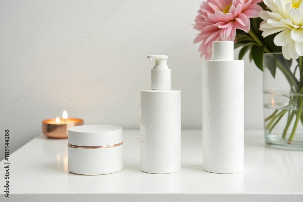 Modern skincare product arrangement with cream jar, lotion pump, and bottle on white table, adorned with fresh flowers and candlelight for luxury beauty branding. Modern skincare product arrangement with cream jar, lotion pump, and bottle on white table, adorned with fresh flowers and candlelight for luxury beauty branding.