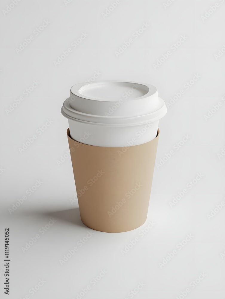 A simple disposable coffee cup with a beige sleeve, designed for hot beverages. A simple disposable coffee cup with a beige sleeve, designed for hot beverages.