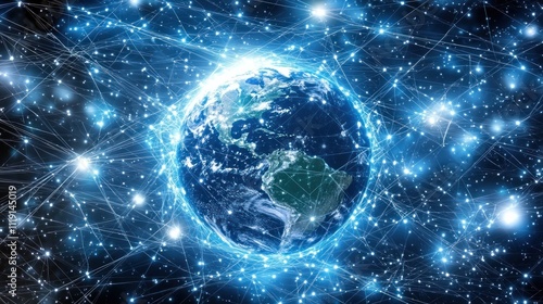 A digital rendering of the Earth surrounded by a glowing network of connections, symbolizing global communication