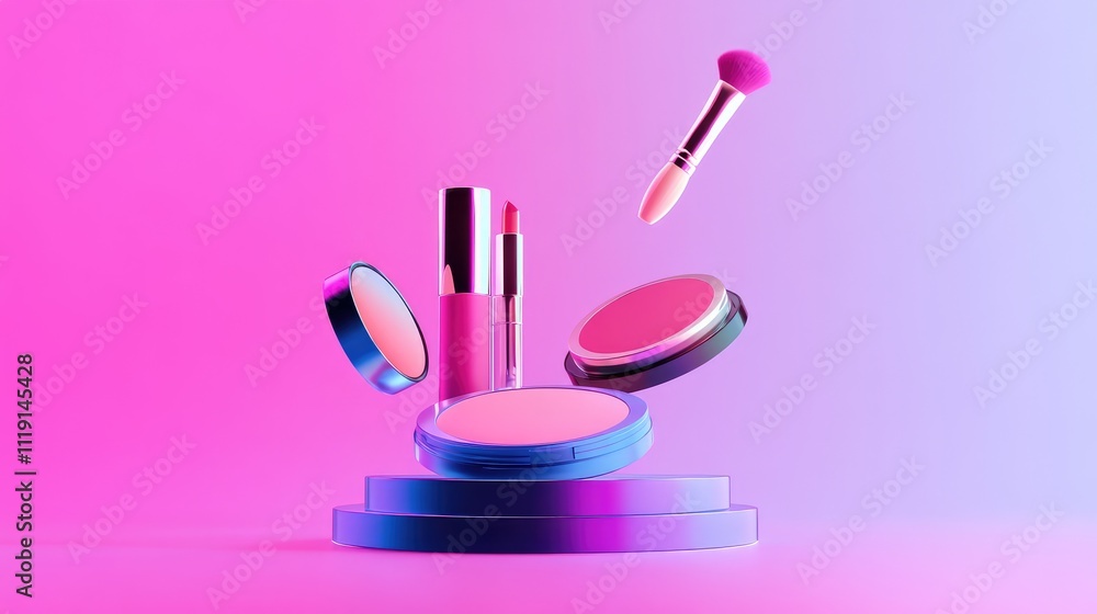 Vibrant Makeup Products in a Floating Display with Colorful Background Vibrant Makeup Products in a Floating Display with Colorful Background