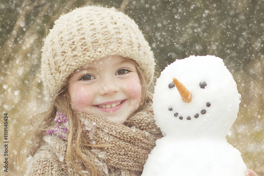 Adorable little girl smiles joyfully while holding a small snowman in a winter wonderland, snowflakes falling gently around them. Adorable little girl smiles joyfully while holding a small snowman in a winter wonderland, snowflakes falling gently around them.