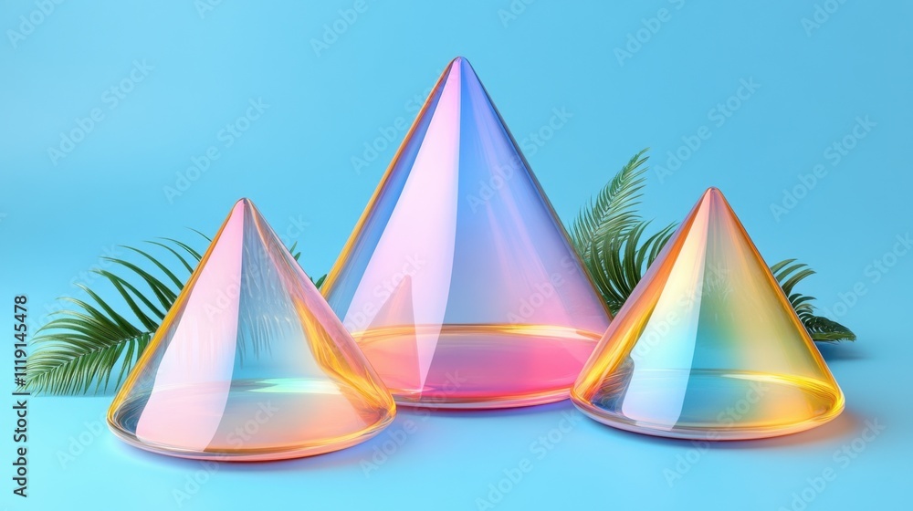 Three colorful, translucent cone shapes with a tropical background. Three colorful, translucent cone shapes with a tropical background.
