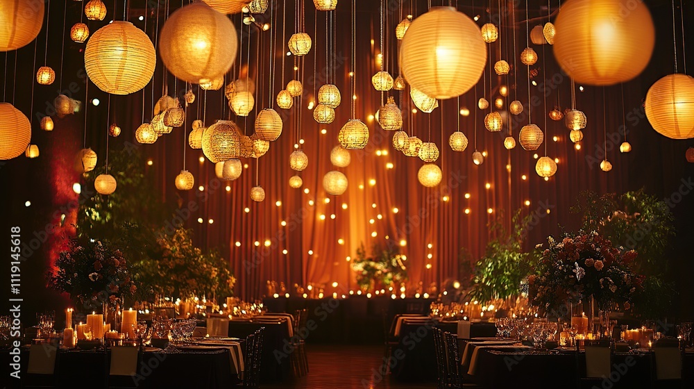 Obraz premium Elegant wedding reception with hanging paper lanterns, candlelight, and floral arrangements.