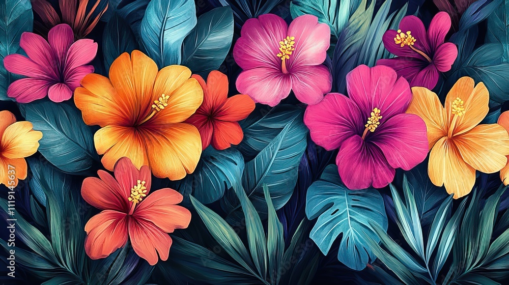 A vibrant pattern features tropical leaves and flowers in pink, teal, blue, orange, and red, creating a playful and energetic design A vibrant pattern features tropical leaves and flowers in pink, teal, blue, orange, and red, creating a playful and energetic design