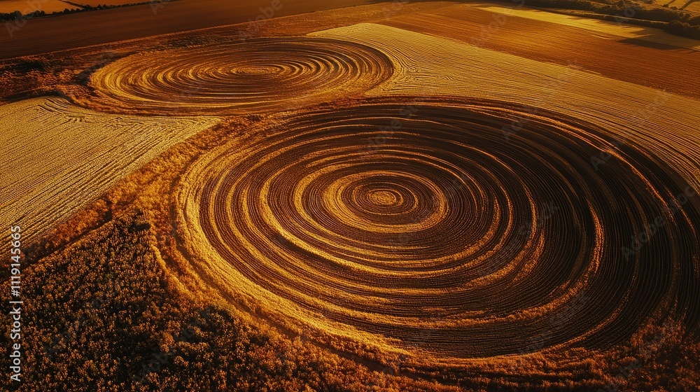 Aerial View of Circular Crop Patterns in Golden Fields Aerial View of Circular Crop Patterns in Golden Fields
