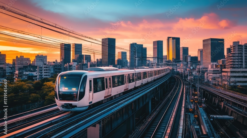 Naklejka premium Modern Train at Sunset in Urban Cityscape with Skyscrapers