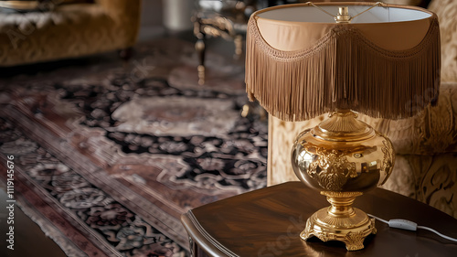 Gold table lamp with a fringed shade, set on a wooden side table next to an ornate rug in a cozy living room. photo