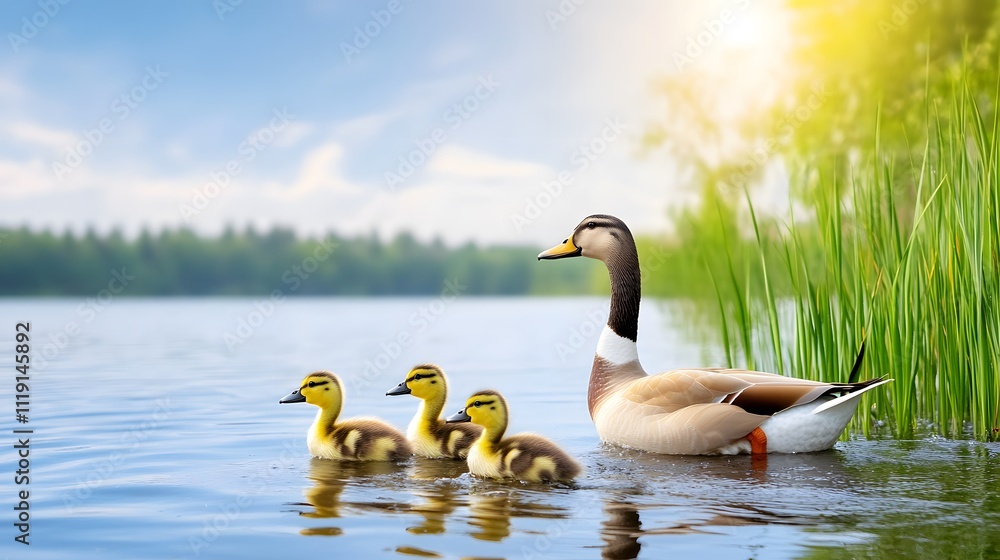 Mother duck and ducklings swim together in tranquil lake nature scene bright day wildlife photography Mother duck and ducklings swim together in tranquil lake nature scene bright day wildlife photography