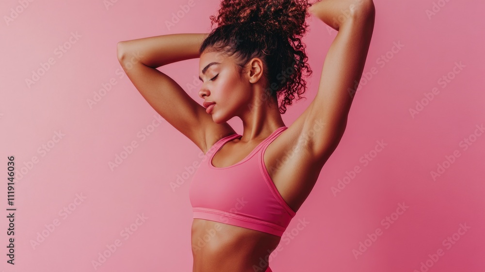 Sporty young woman in sportswear does stretching on a pink background Sporty young woman in sportswear does stretching on a pink background