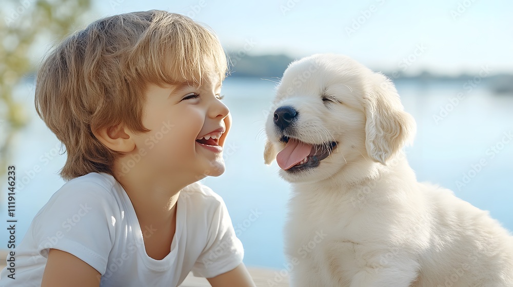Joyful playtime between a child and puppy by the lake outdoor candid photography in natural light capturing happiness and innocence Joyful playtime between a child and puppy by the lake outdoor candid photography in natural light capturing happiness and innocence