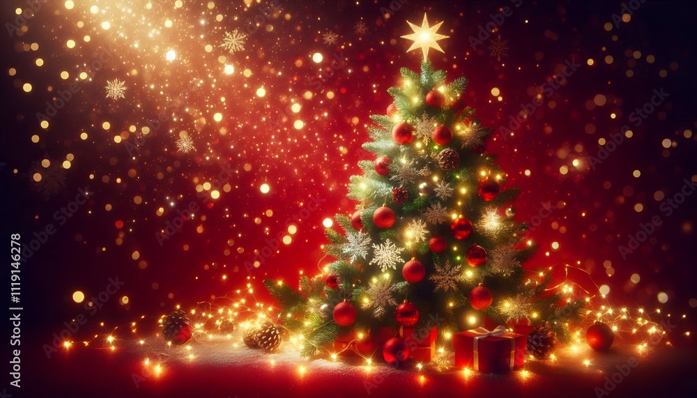 abstract Christmas tree with sparkling lights on a festive red background. abstract Christmas tree with sparkling lights on a festive red background.