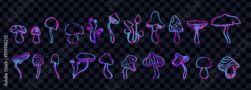 Set of fantasy mushrooms. Line art funny floral elements. Mushroom sketch collection in 1960s or 1970s style in neon pink and purple. Vector groovy icons in children style, drawn by crayon pencil.