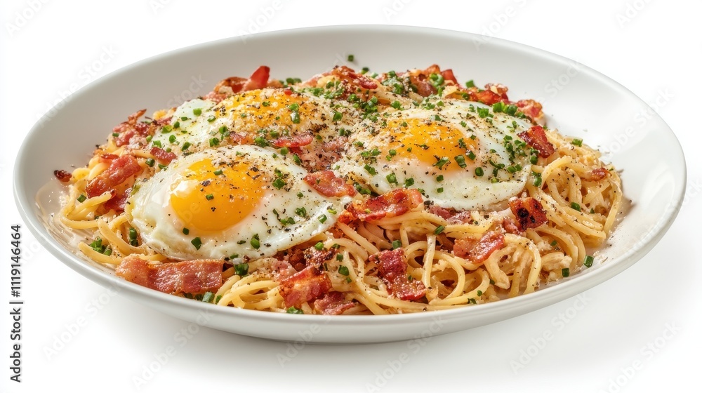 Spaghetti carbonara with fried eggs, crispy bacon, and parmesan cheese. Perfect for restaurant menus, food blogs, or recipe sites. Spaghetti carbonara with fried eggs, crispy bacon, and parmesan cheese. Perfect for restaurant menus, food blogs, or recipe sites.