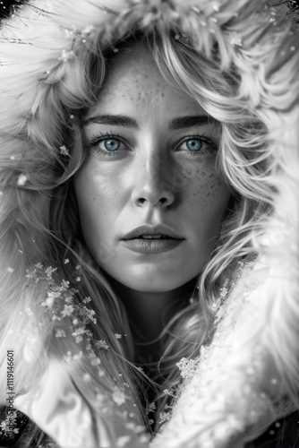 Macro Portrait of Freckled Woman in Snowy Fur Jacket photo