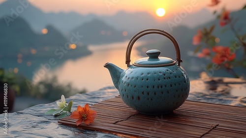 Teapot on Wooden Table Overlooking Lake photo