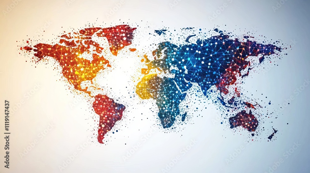 An abstract world map of social networks in a circular shape, representing global connectivity An abstract world map of social networks in a circular shape, representing global connectivity