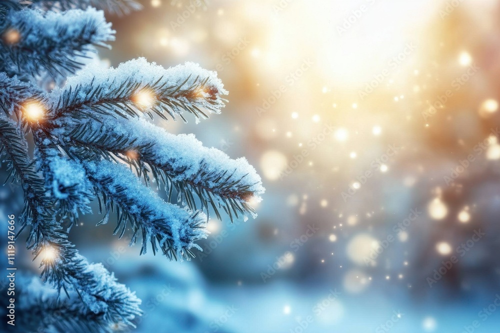 Snow-covered pine branch with warm lights, bokeh background. Perfect for winter, holiday, and Christmas designs. Snow-covered pine branch with warm lights, bokeh background. Perfect for winter, holiday, and Christmas designs.