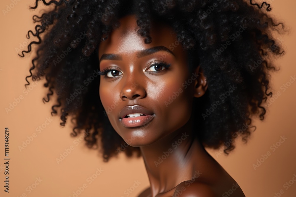 Fototapeta premium Elegant young African woman with radiant dark skin and voluminous natural curly hairstyle posing confidently on a beige backdrop, perfect for beauty concepts.
