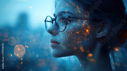 Wallpaper Mural An AI-themed double exposure with the silhouette of a woman wearing glasses and digital brain imagery, symbolizing artificial intelligence Torontodigital.ca