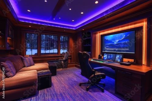 Wallpaper Mural Gaming setup with LED-lit desk, high-end computer equipment, comfortable seating, and soft blue lighting creating a cozy gaming atmosphere. Torontodigital.ca