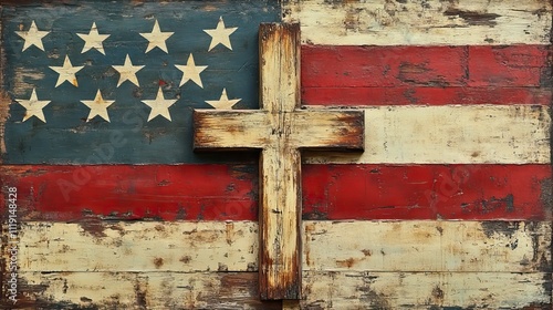 An American flag cross on a white background with vintage colors and distressed texture evokes a sense of history and patriotism