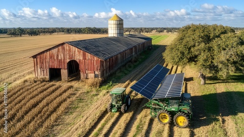 Solar Panels on Tractor near Red Barn and Silo in Open Field photo