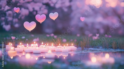 Romantic Candlelight Reflection with Heart Balloons - Imagined with AI photo