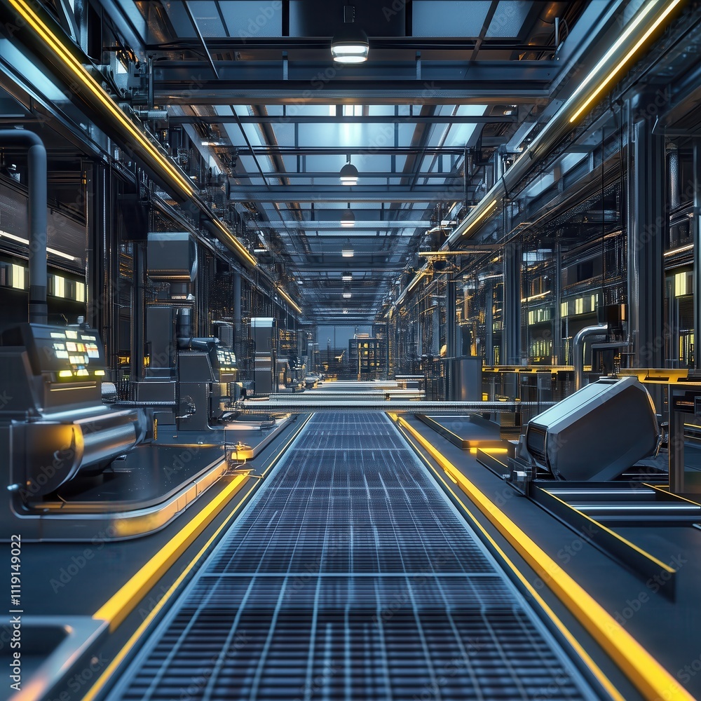 Futuristic industrial interior with control panels and metal walkway illuminating modern factory Futuristic industrial interior with control panels and metal walkway illuminating modern factory