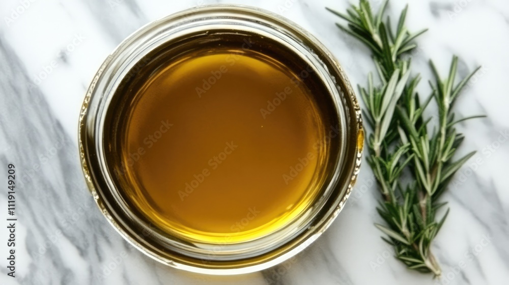 Fresh Olive Oil in Jar with Rosemary Sprig on Marble Surface