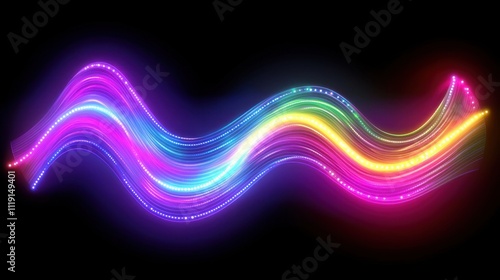 Vibrant rainbow wave of light, glowing brightly. Ideal for backgrounds, music visuals, or tech designs.