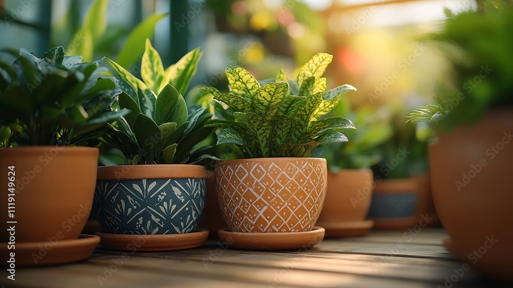 Close-up of decorative ceramic pots with green plants in sunlight Close-up of decorative ceramic pots with green plants in sunlight