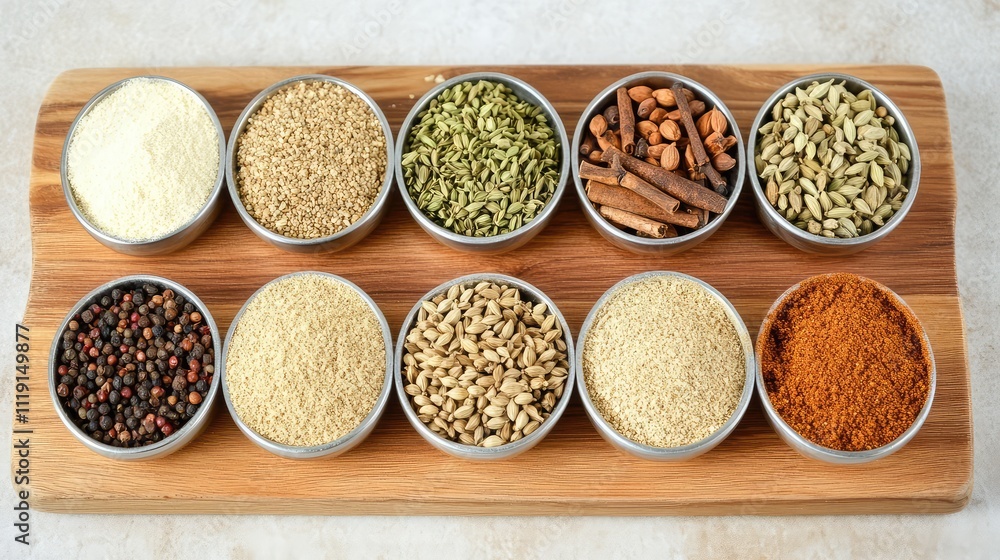Assorted Spices and Herbs in Small Metal Bowls on Wooden Board Assorted Spices and Herbs in Small Metal Bowls on Wooden Board