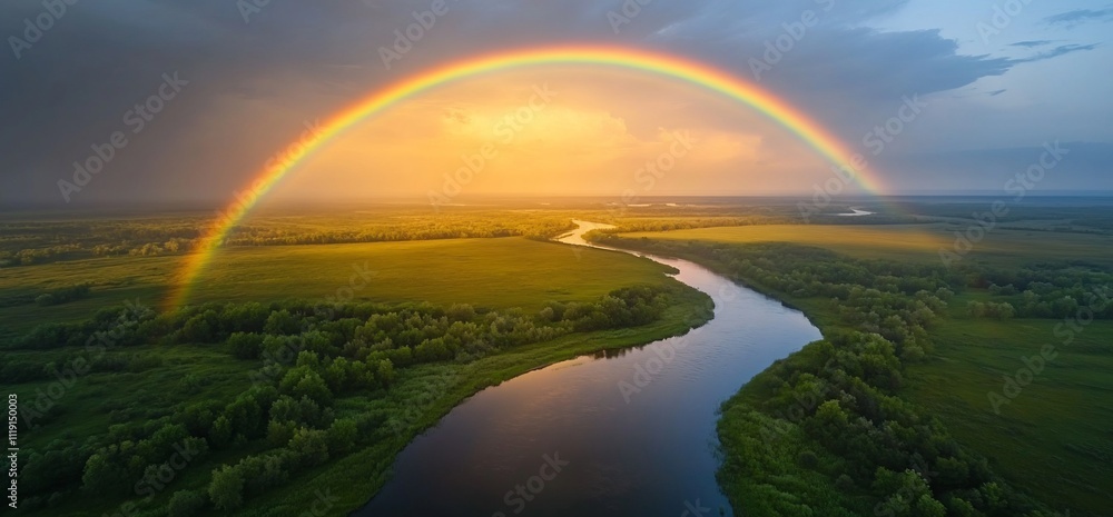 Aerial view of a rainbow over a river and green landscape. Aerial view of a rainbow over a river and green landscape.