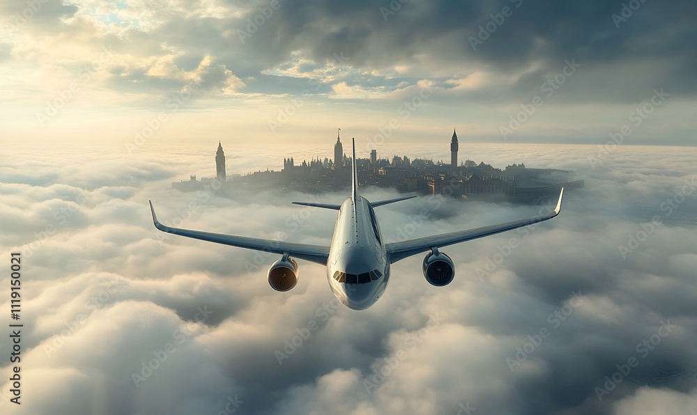 Airplane flying above a city in the clouds at sunset. Airplane flying above a city in the clouds at sunset.