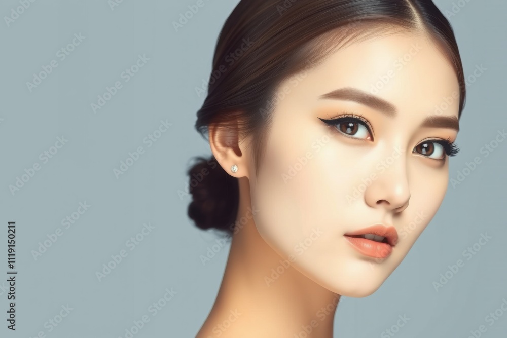 Close-up portrait of a stunning Asian woman with flawless skin, elegant winged eyeliner, and natural makeup. Minimalist beauty and skincare concept. Close-up portrait of a stunning Asian woman with flawless skin, elegant winged eyeliner, and natural makeup. Minimalist beauty and skincare concept.