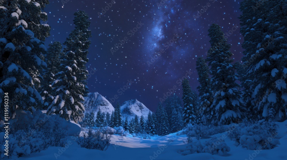 Snowy forest and starry sky in the mountains Snowy forest and starry sky in the mountains