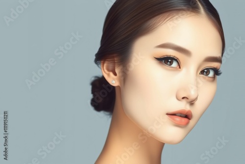 Close-up portrait of a stunning Asian woman with flawless skin, elegant winged eyeliner, and natural makeup. Minimalist beauty and skincare concept.